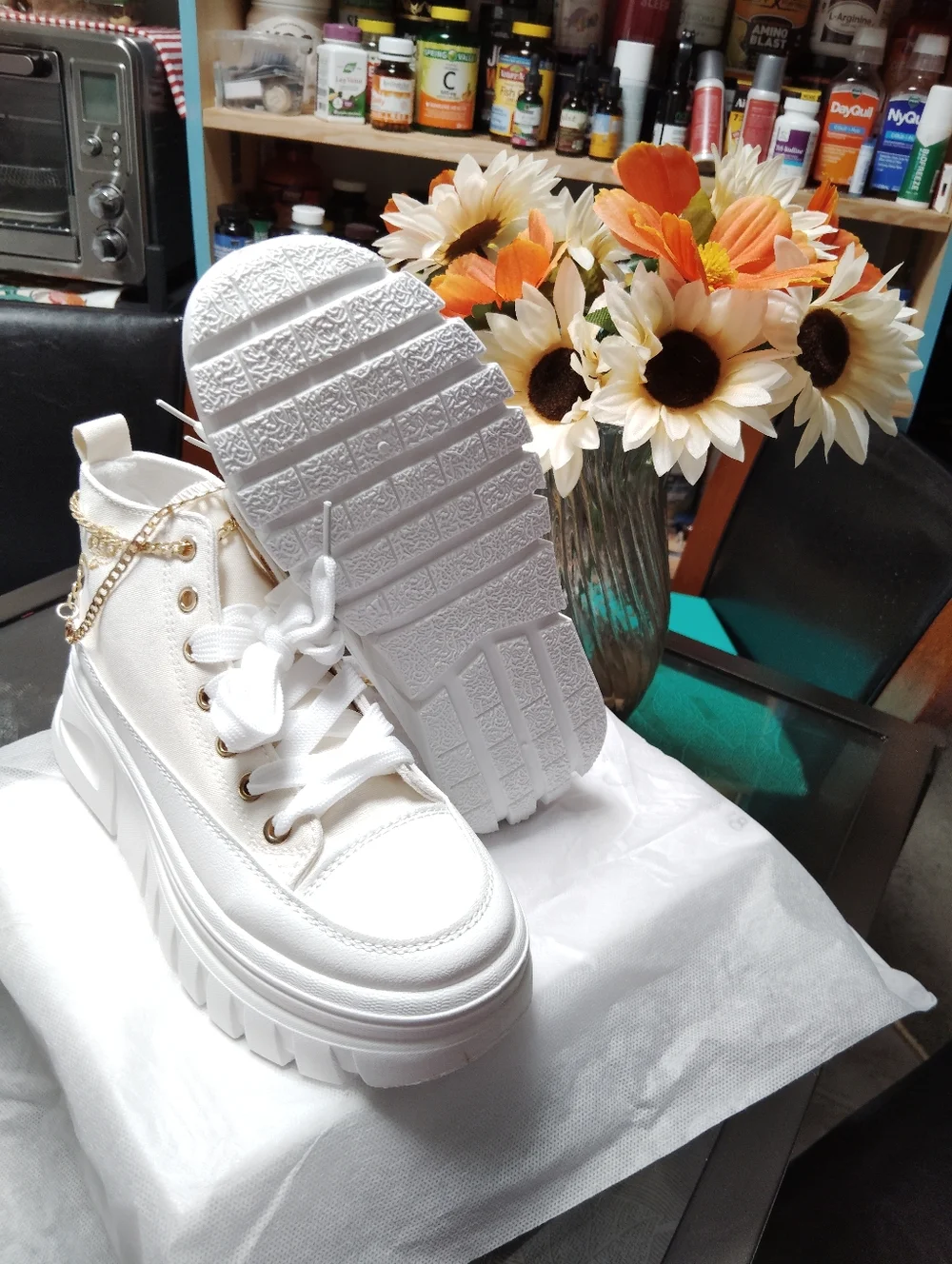 Platform High-Top Sneakers in Cream with Gold Chain Accent - Picture 4 of 8